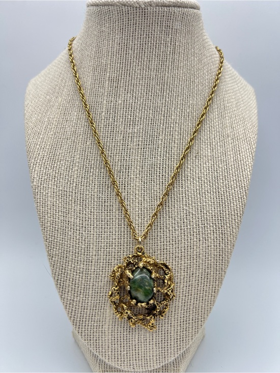 Jewelry - VTG Brutalist Moss Agate Pendant • Gold Tone • Organic Statement